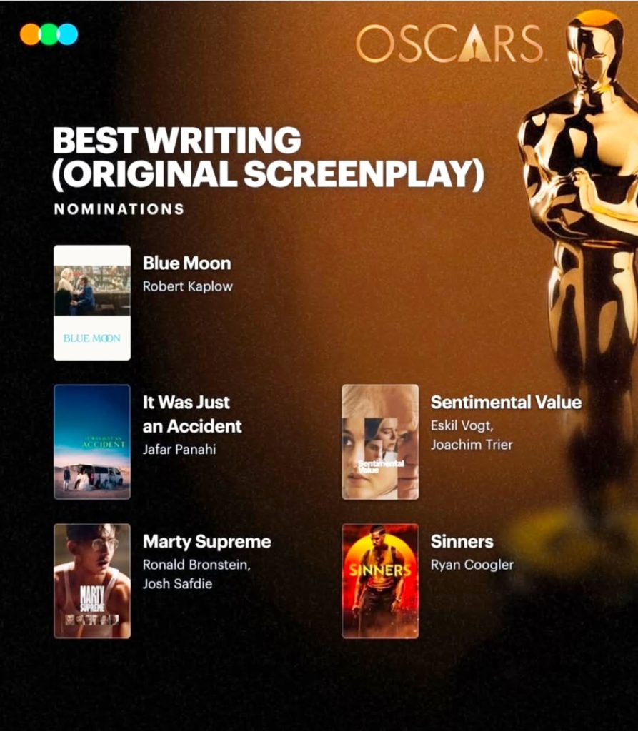 best writing original screenplay oscars, oscars 2026, oscars 2026 full list of nominees, oscar sentimental value, oscar sinners, oscar train dreams, oscar blue moon, oscar it was just an accident, oscar kpop demon hunters, oscar diane warren: relentless,