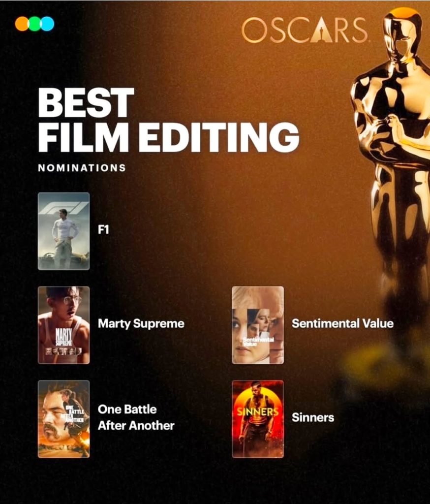 best film editing oscars, best film editing oscars 2026, F1, Marty supreme, one battle after another, sentimental value, sinners