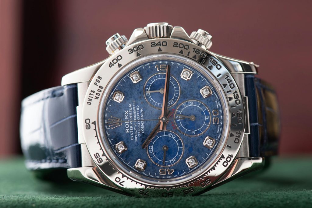 Stone dials are where Rolex lets nature do the talking and the Sodalite dial on the Rolex Day-Date