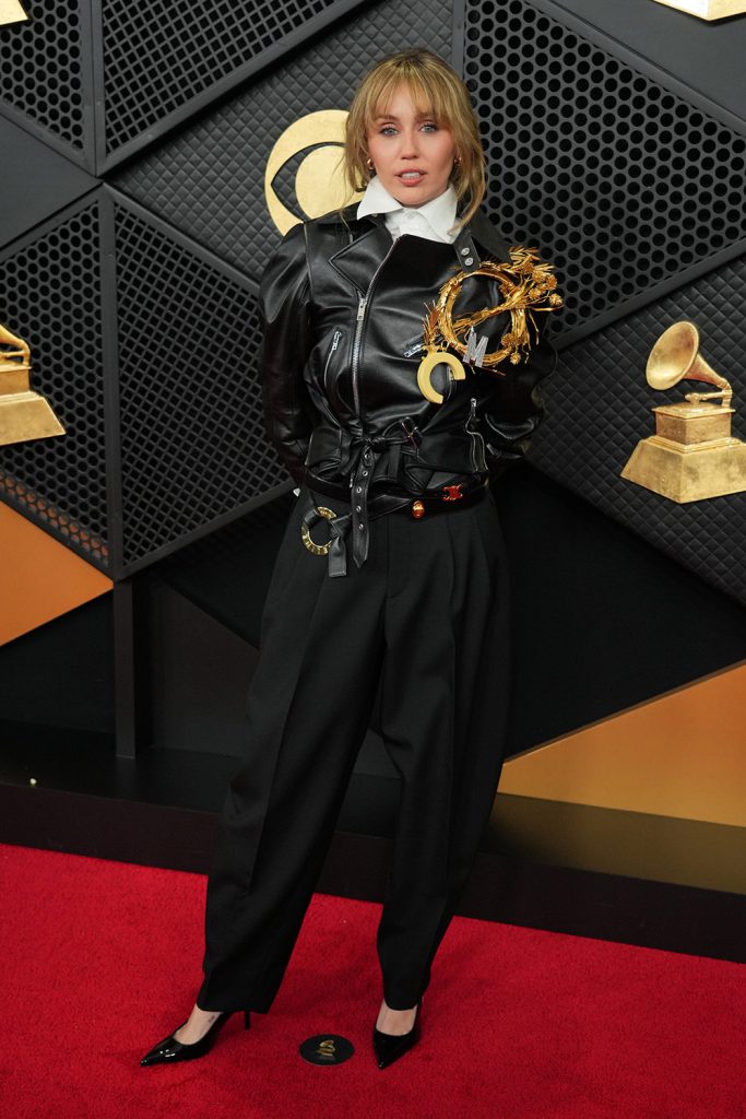 Miley Cyrus In Celine Ensemble, Miley Cyrus Grammys 2026 red carpet look, miley cyrus grammy fashion, miley cyrus at 2026 grammys
