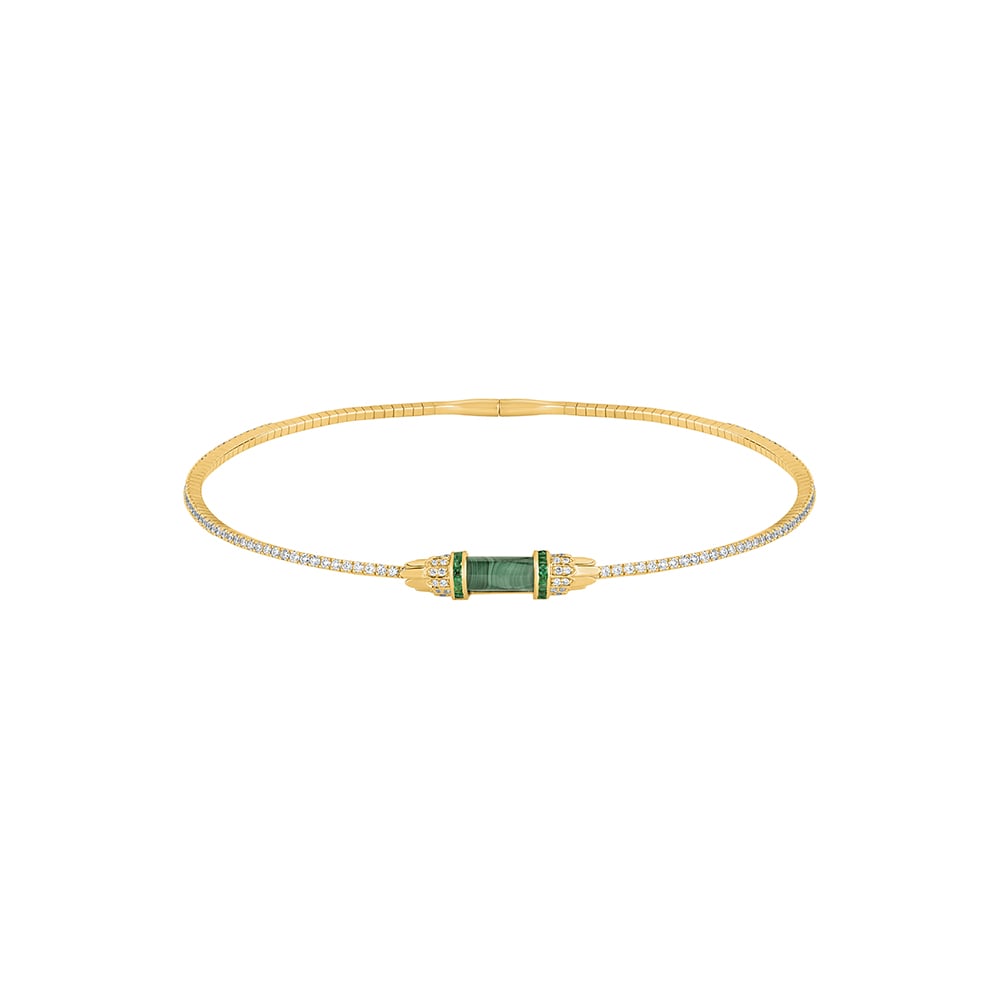 Mirari Fifth Avenue Spire Malachite Choker Necklace, statement gemstones, vibrant gemstone jewelry, bold sculptural pieces, chunky chains, oversized hoops, mixed metals, layered necklaces,