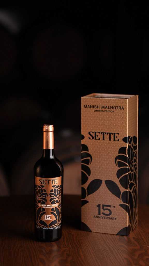 Sette 15th Anniversary_Bottle and box, manish malhotra fratelli vineyards collaboration, manish malhotra SETTE launch, manish malhotra luxury wine partnership, manish malhotra fratelli vineyards SETTE, manish malhotra
