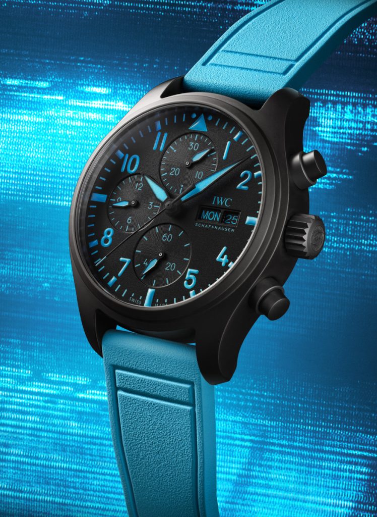 Its 41.9mm novelty is crafted from black zirconium oxide ceramic for its lugs, while the chronograph pushers at 2 o'clock, 4 o'clock, crown at 3 o'clock are made of Ceratanium