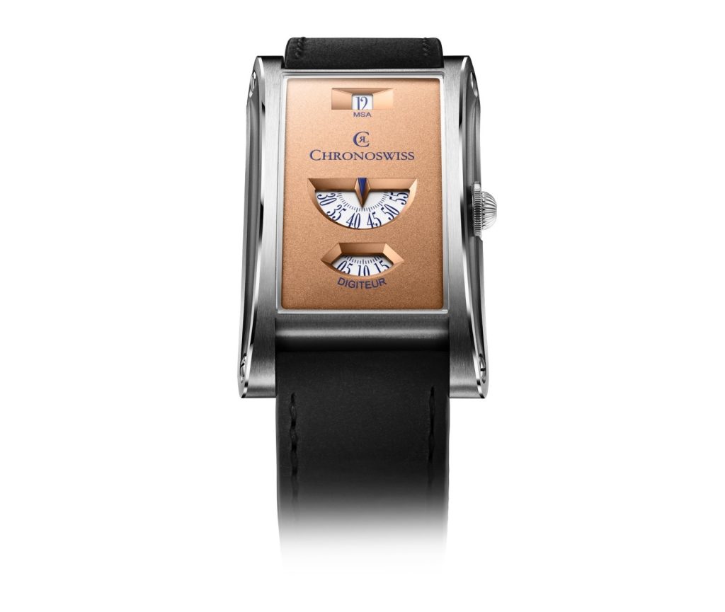 At the heart of the Neo Digiteur by Chronoswiss is a rare handless jumping hour regulator, displaying time through three apertures: jumping hours at 12 o’clock, digital minutes