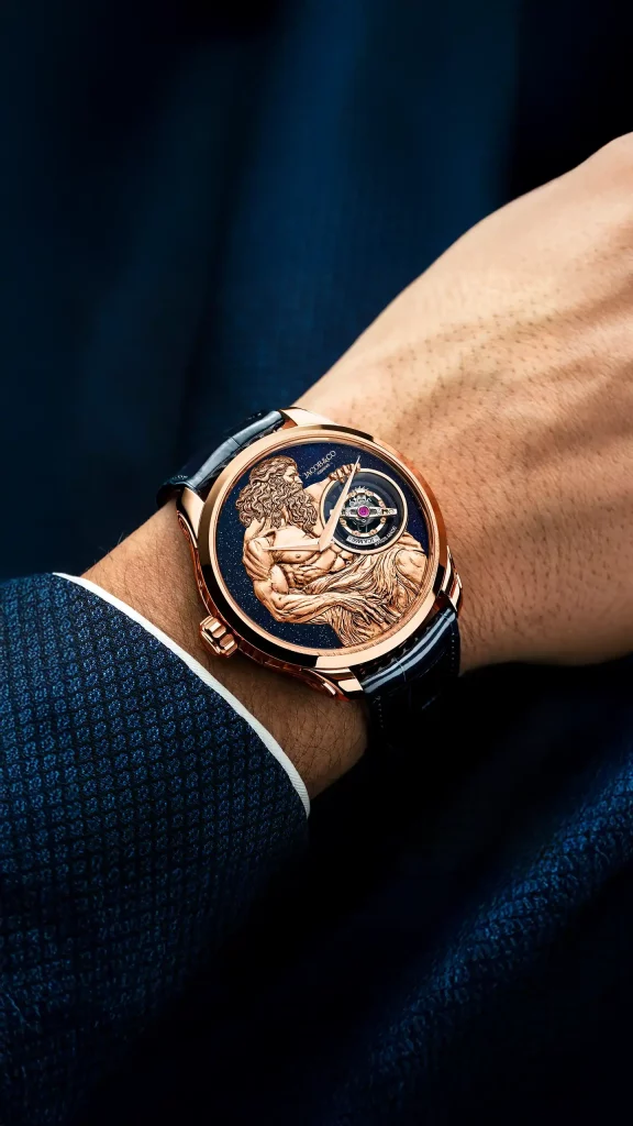 A 4-second world record tourbillon guarded by Chronos himself, uniting Greek mythology in a rose gold masterpiece limited to 60 pieces 