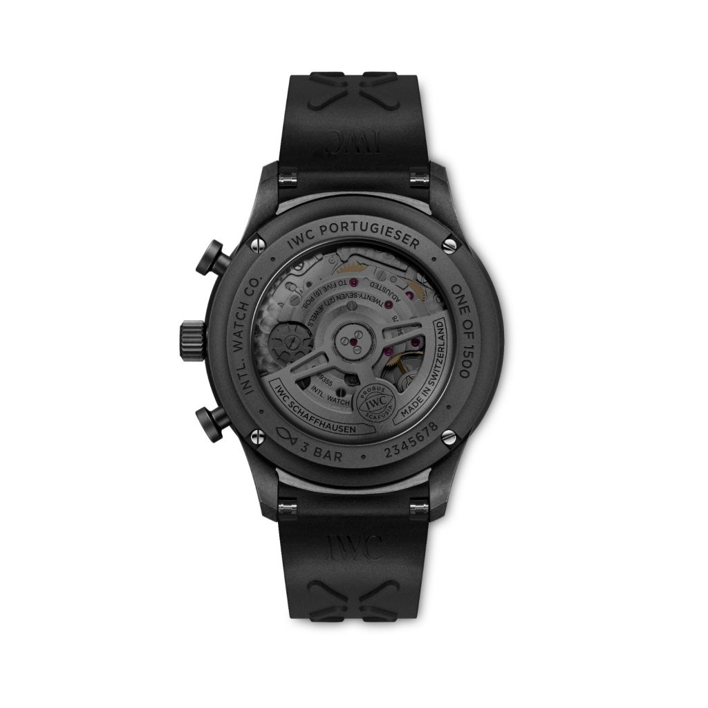 Turning the watch showcases the blackened sapphire caseback