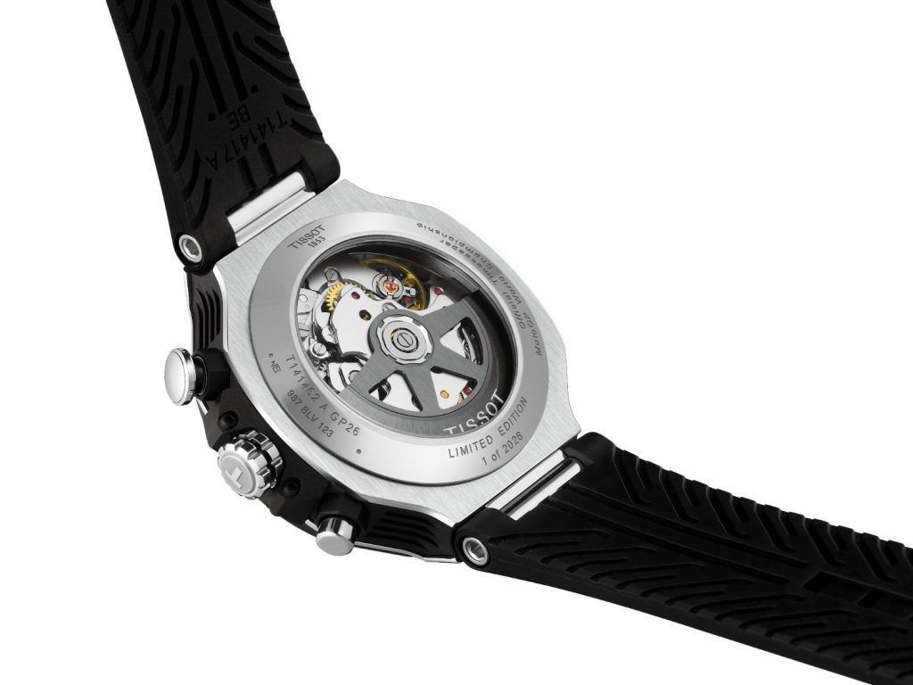 Turn the watch over and the skeleton caseback offers a further view of the oscillating weight in motion