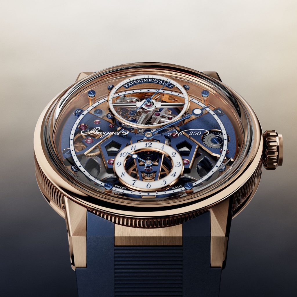 Encased in an 18K Breguet gold, this 43.5mm has a double stepped fluted caseband