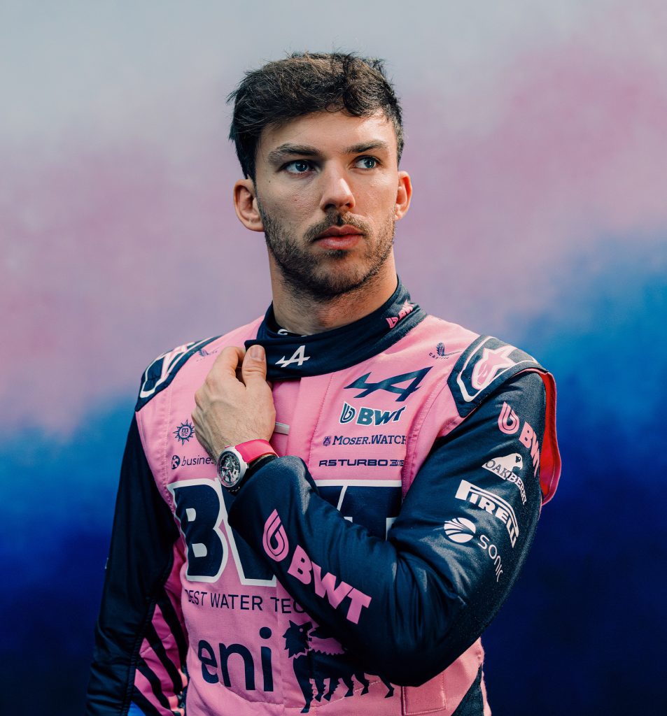 This 42.3 mm stainless steel timepiece features chronograph pushers positioned at 10 o’clock and 2 o’clock