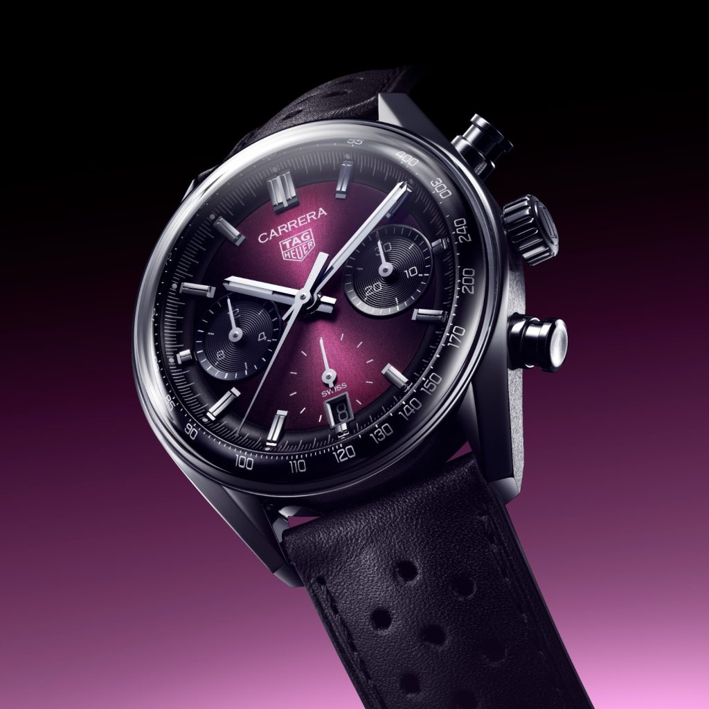 This 39mm smokey purple sunray-brushed version features black subdials