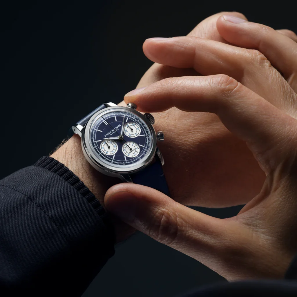 The chronograph blends vintage chronograph aesthetics with modern Swiss watchmaking