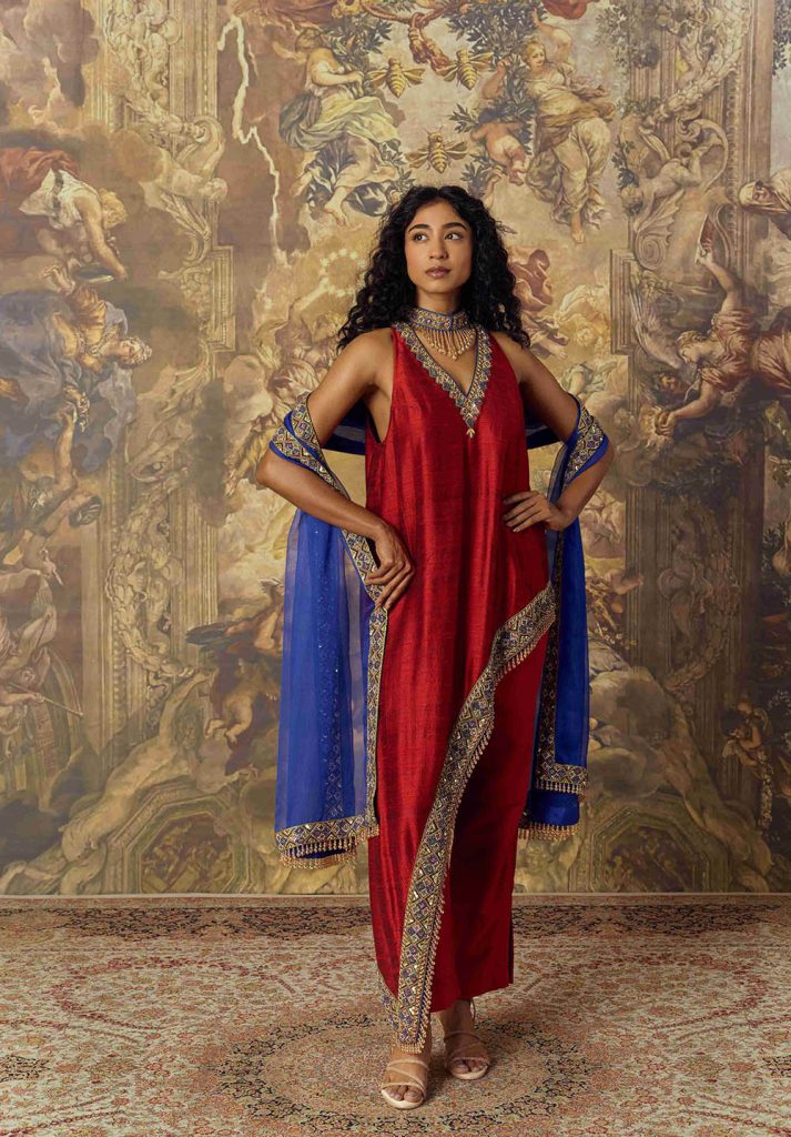 Maroon Raw-Silk Halter Tunic Set By Vazaneh, Eid gift option for boyfriend, Eid gifting for husband, Eid gift option for father, Eid gifting for brother, Eid gift option for colleague,