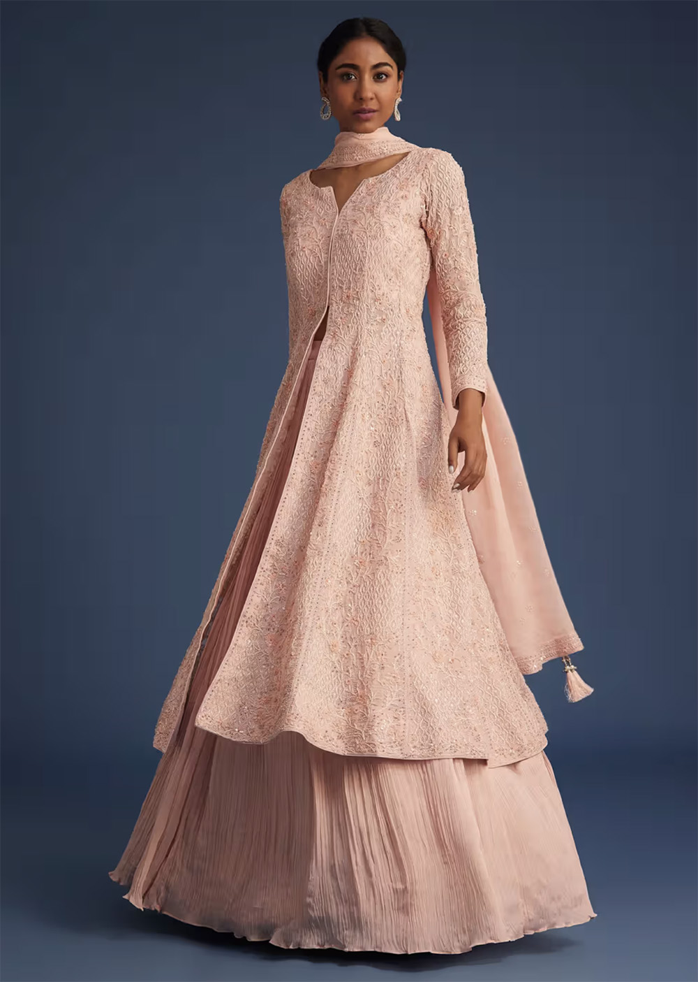 Peach Pink Organza Kurta Set with Chinon Skirt, Eid gift option for her, Eid gifting for women, Eid gift option for women, unique Eid gifting for her, best Eid gifting for her, creative Eid gifting for her, personalized Eid gift option for her, luxury Eid gifting for her,