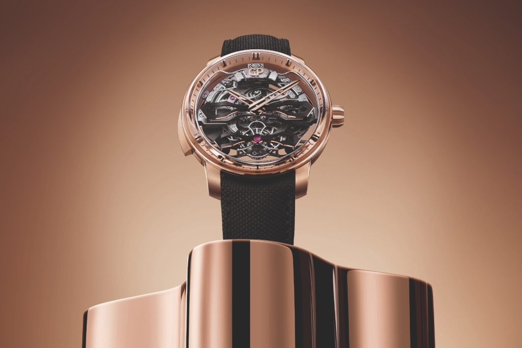 Encased in a 46mm pink gold construction with a commanding yet considered height, the watch asserts