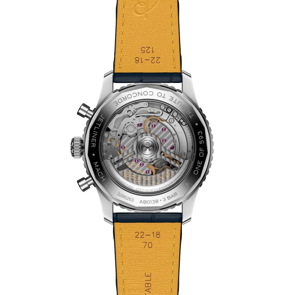 Powering the watch is Breitling Manufacture Caliber B01, a self-winding mechanical, bidirectional