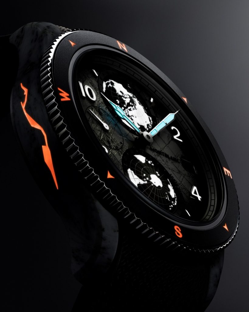 The world time complication remains the star of the show, with dual rotating half globes, the 12 o'clock displaying the Northern hemisphere