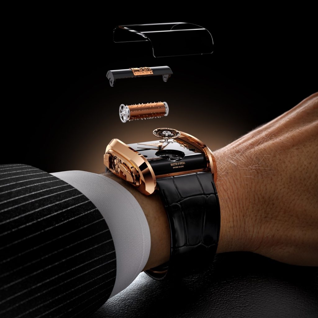 This is where things get properly clever. At 10 o’clock sits a melody selector, allowing the wearer to choose the tune