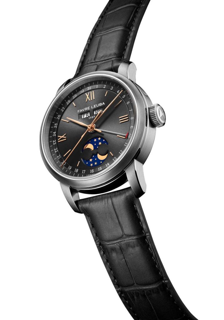 The Favre-Leuba Triple Calendar is housed in a refined 39mm stainless steel round case