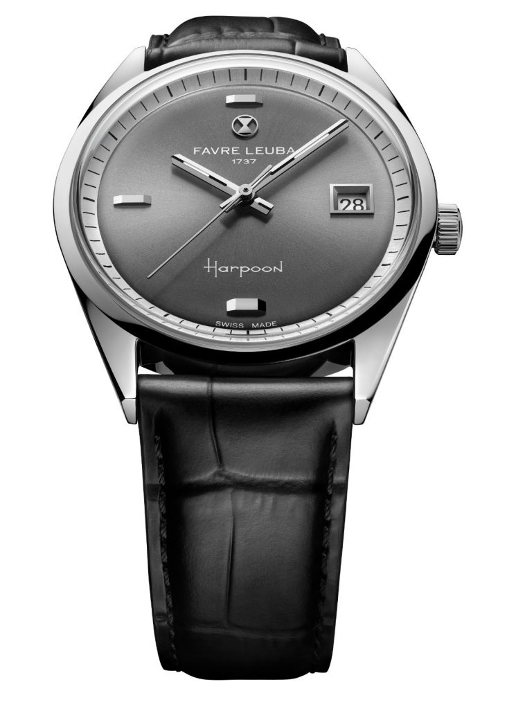 The Favre-Leuba Harpoon Revival is presented in a compact 36.8mm stainless steel round