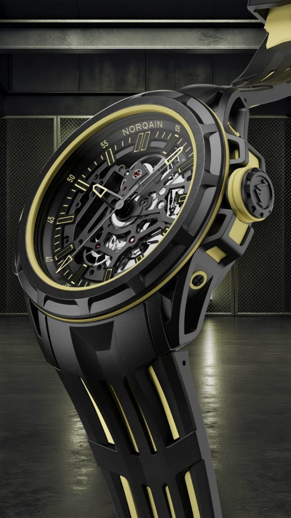 The Norqain Wild One Skeleton X Lite makes an immediate impact with its 41mm NORTEQ case