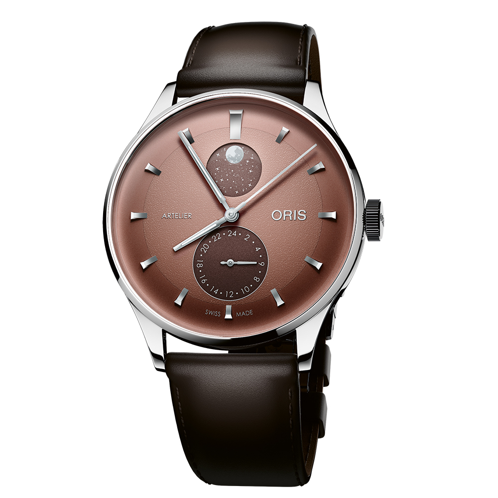 The Oris Artelier Complication is housed in a multi piece stainless steel case measuring