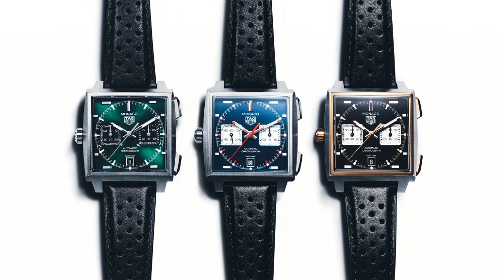 The 39mm collection gets grade 5 titanium case, lugs, chronograph pushers at 2 o'clock, 4 o'clock, and a crown at 9 o'clock