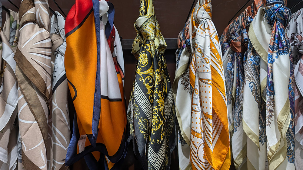 Silk scarves display, Patterns and textures of silk scarves, styling silk scarf chic ways old money royalty fashion, 