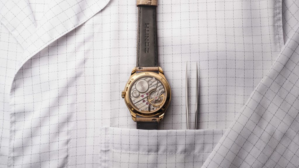 Visible through the sapphire caseback, the hand wound Calibre 135 of Zenith powers both the timepieces