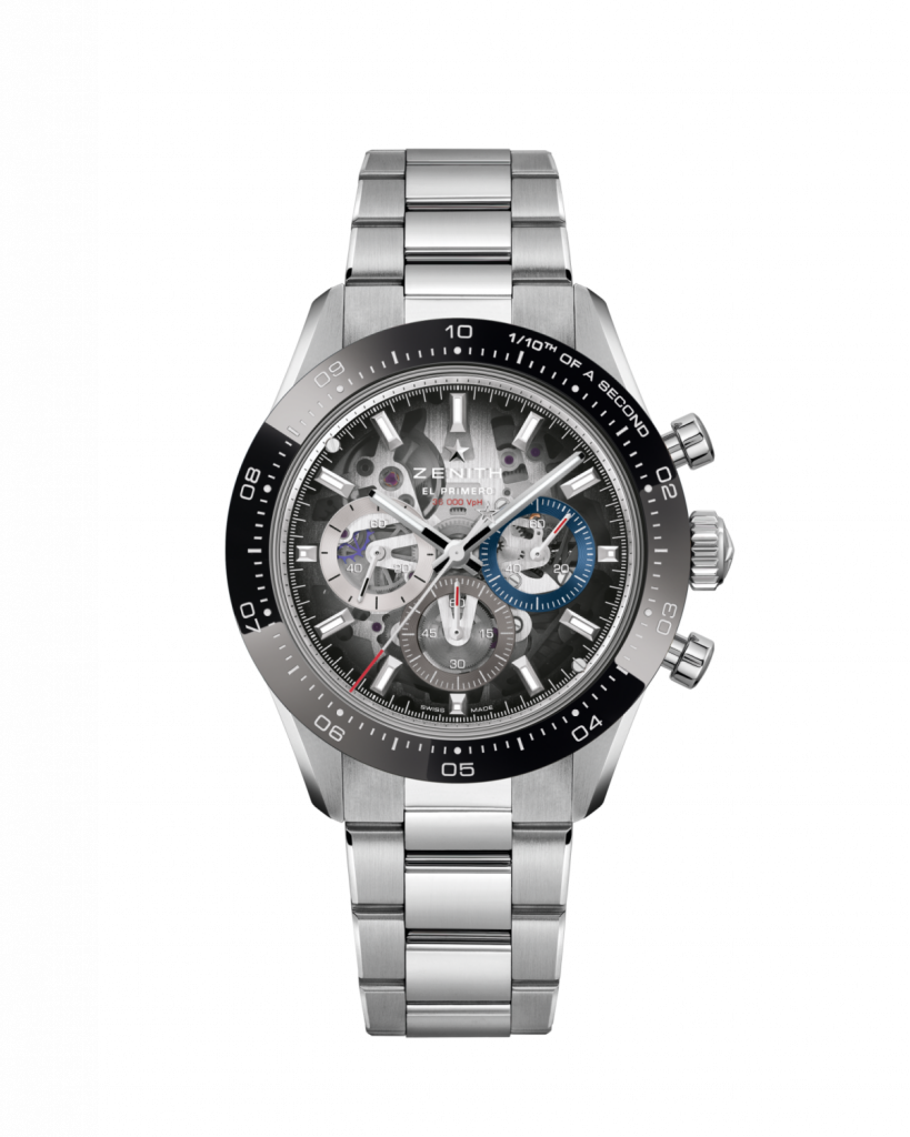 This version takes the same 41mm stainless steel case and pump style pushers but sharpens the aesthetic