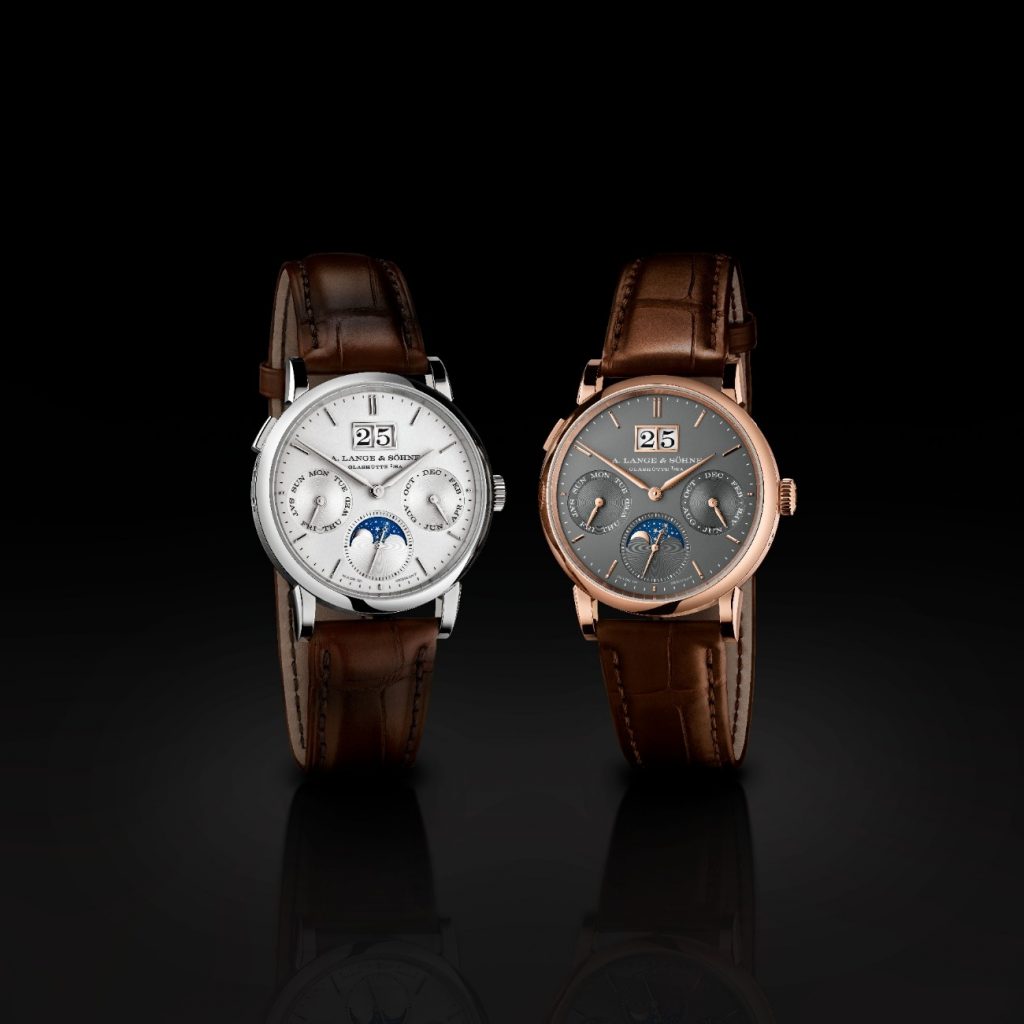 Crafted in either white gold or pink gold, the 36 mm case of the A. Lange & Söhne Saxonia