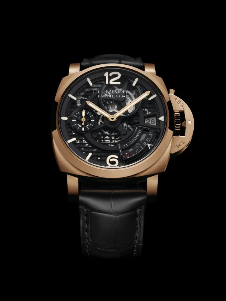 The 44mm case is rendered in brushed Panerai Goldtech™, paired with a polished bezel