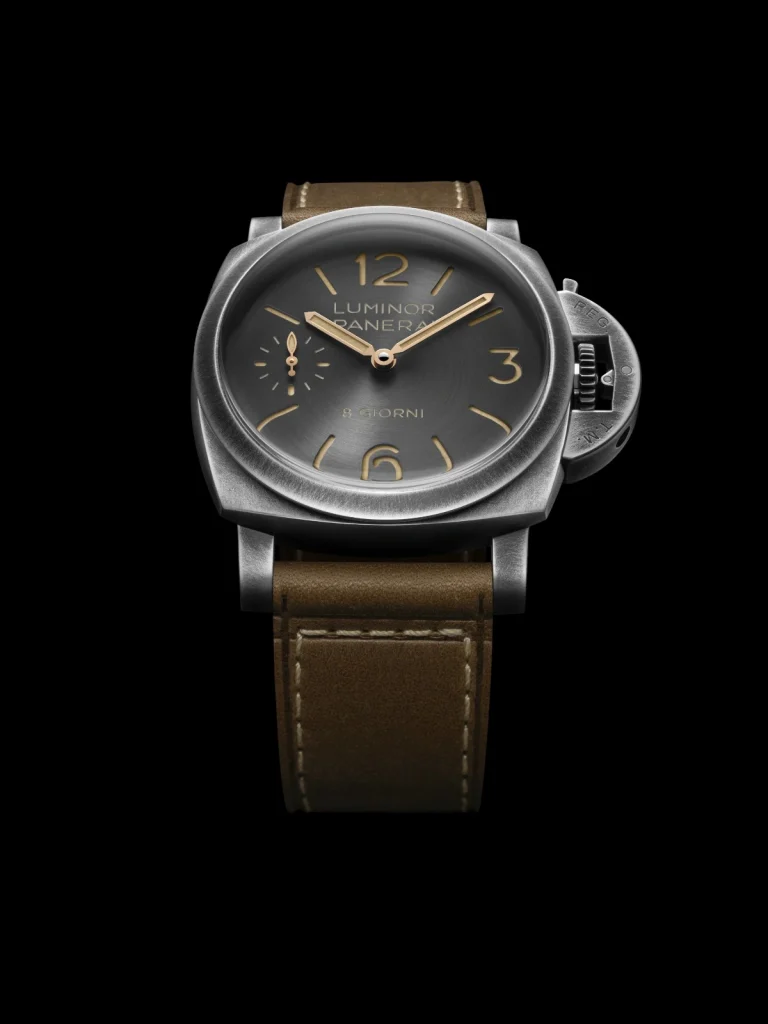 The 44mm case is executed in Brunito steel, extending across the bezel and the signature crown-protecting