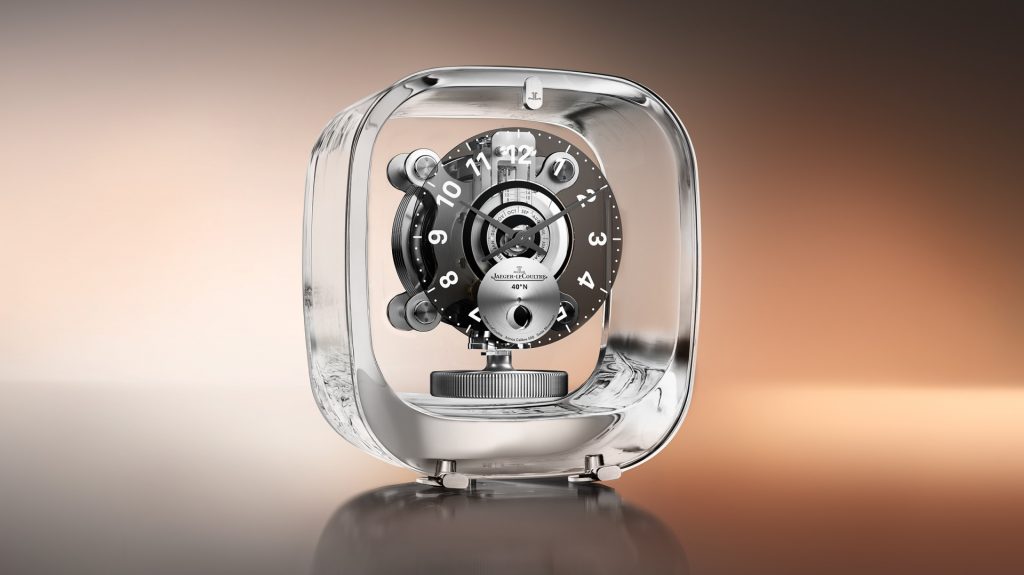 Measuring 147 x 230 x 265 mm, this extraordinary creation is powered by the Jaeger-LeCoultre Calibre 568