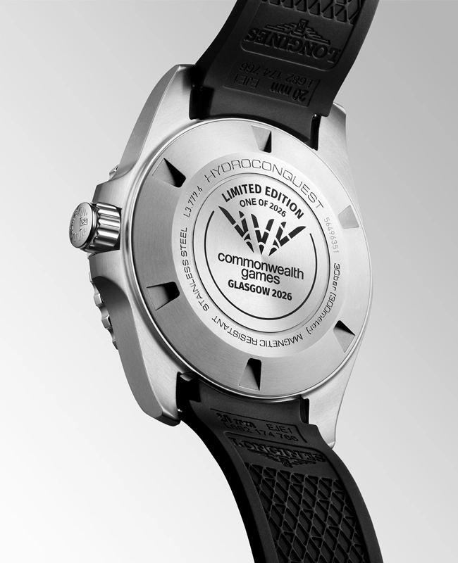 Rather than metal, Longines wisely fits the watch with a high-quality Swiss-made black rubber strap