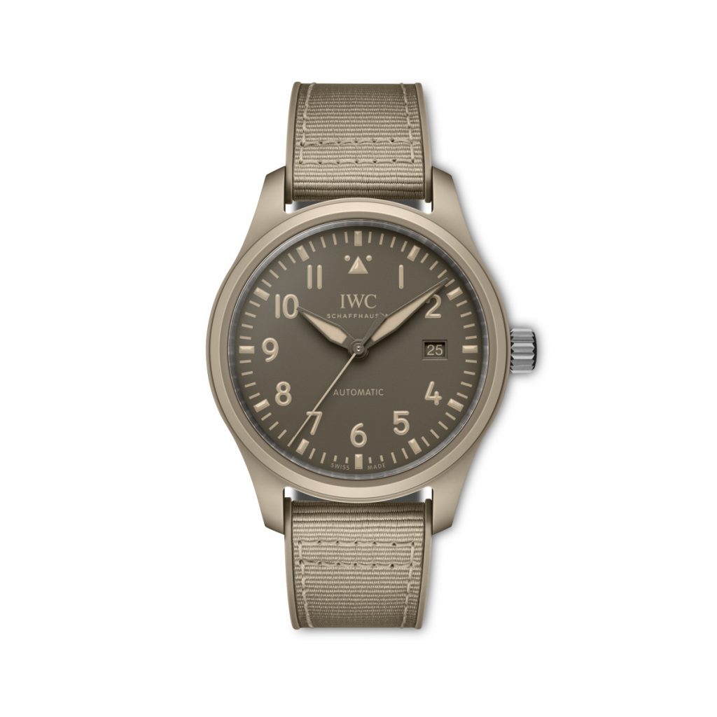 The timepiece features a 41mm sand-coloured ceramic case, crafted through