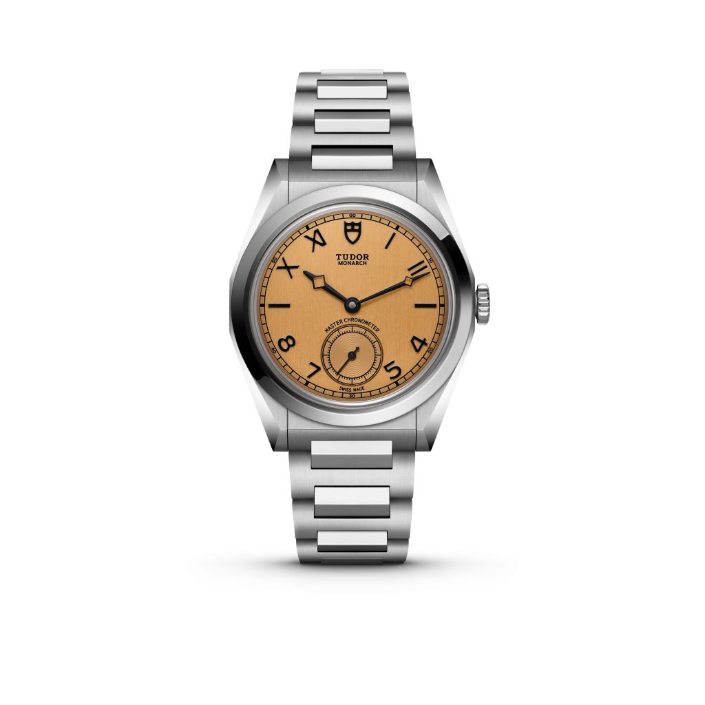 The Tudor Monarch features a finely faceted 39mm stainless steel case