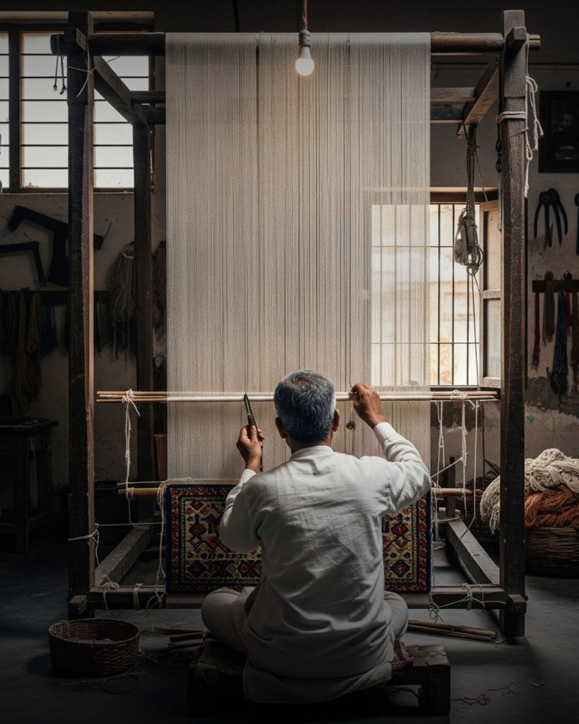 A weaver at Indian Silk House Agencies, Indian saree weavers, saree weaving clusters India, handloom saree artisans India, traditional saree weaving communities, Banarasi saree weavers, Kanchipuram silk weavers,