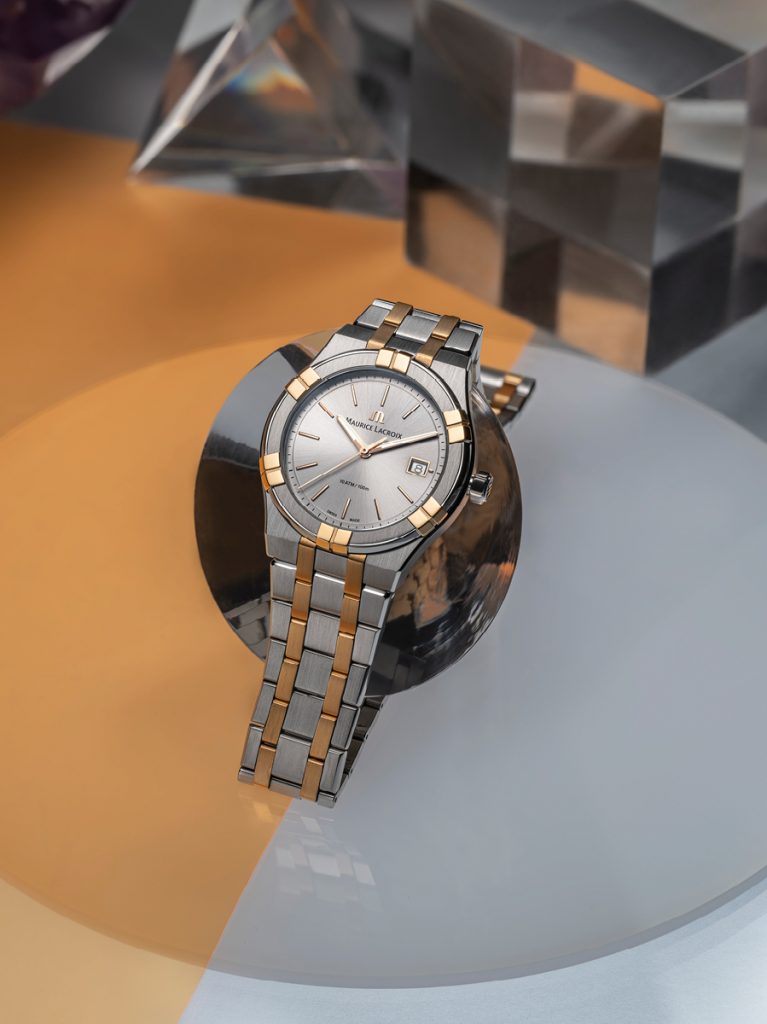 The Maurice Lacroix watch features a 40mm case in two-tone stainless steel