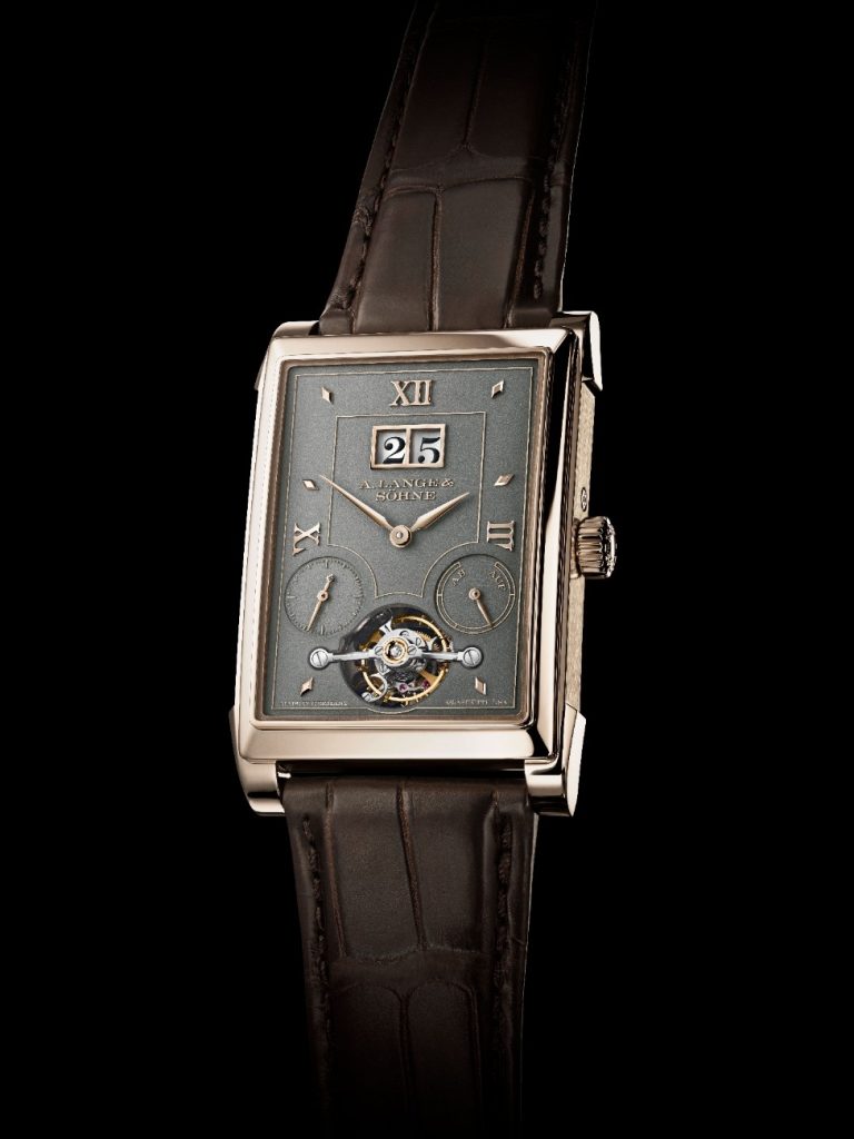 The Cabaret Tourbillon Honeygold is housed inside a rectangular