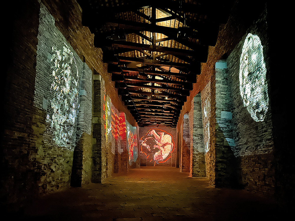 Installation view - Of Woman Born (2026), Nalini Malani 9 channel iPad Animation Chamber, KNMA 