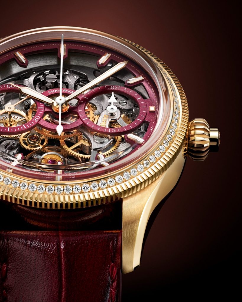 The rose-gold model immediately commands attention through its diamond-set bezel