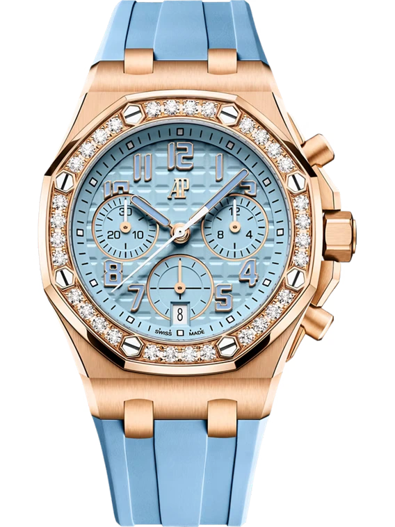 The 37mm case is crafted entirely from 18ct pink gold, matched by a pink-gold crown