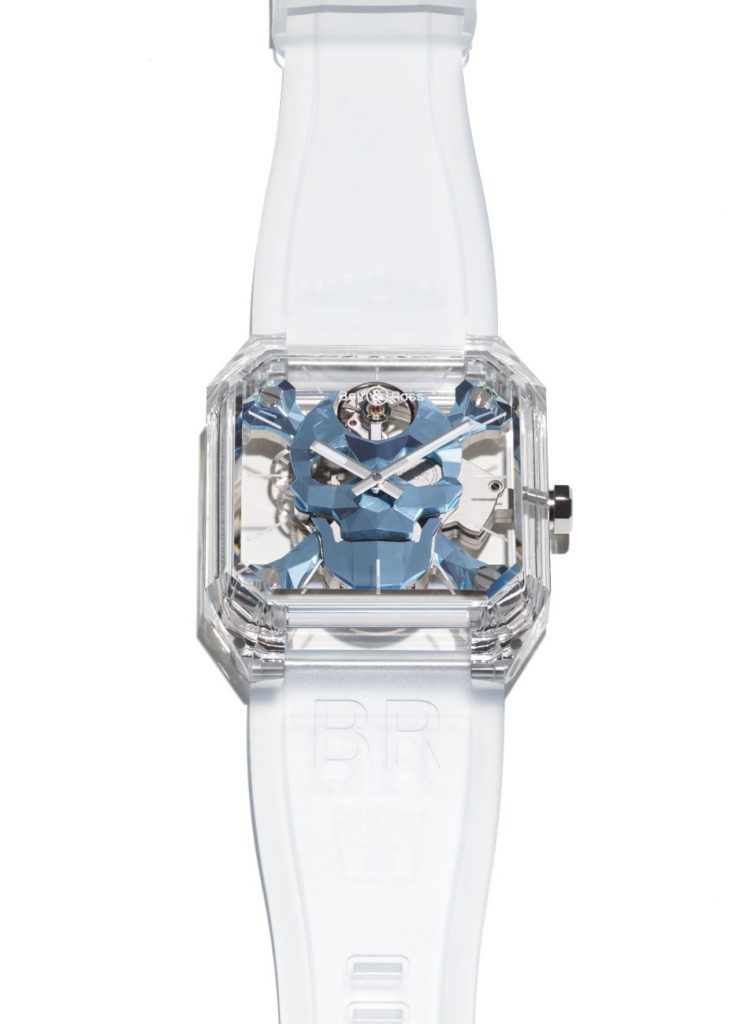 The 43.5 mm x 45 mm case of the Bell & Ross BR 01 Cyber Skull Sapphire Ice Blue
