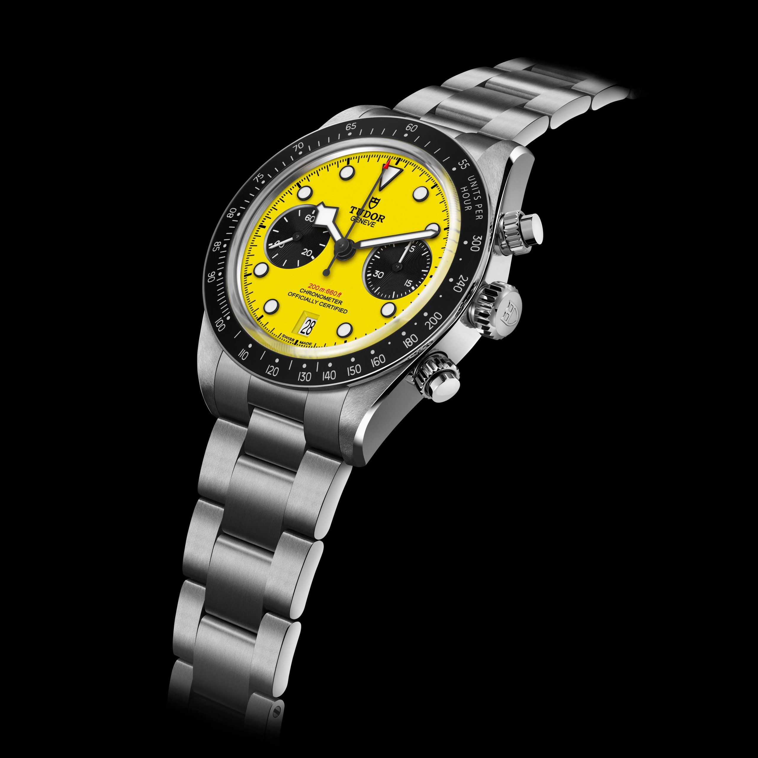 The TUDOR Black Bay Chronograph "Bumblebee" is housed in a 39mm satin-brushed