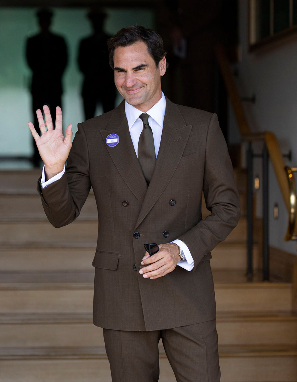 Roger Federer waves outside the Centre Court Clubhouse at The Championships 2026