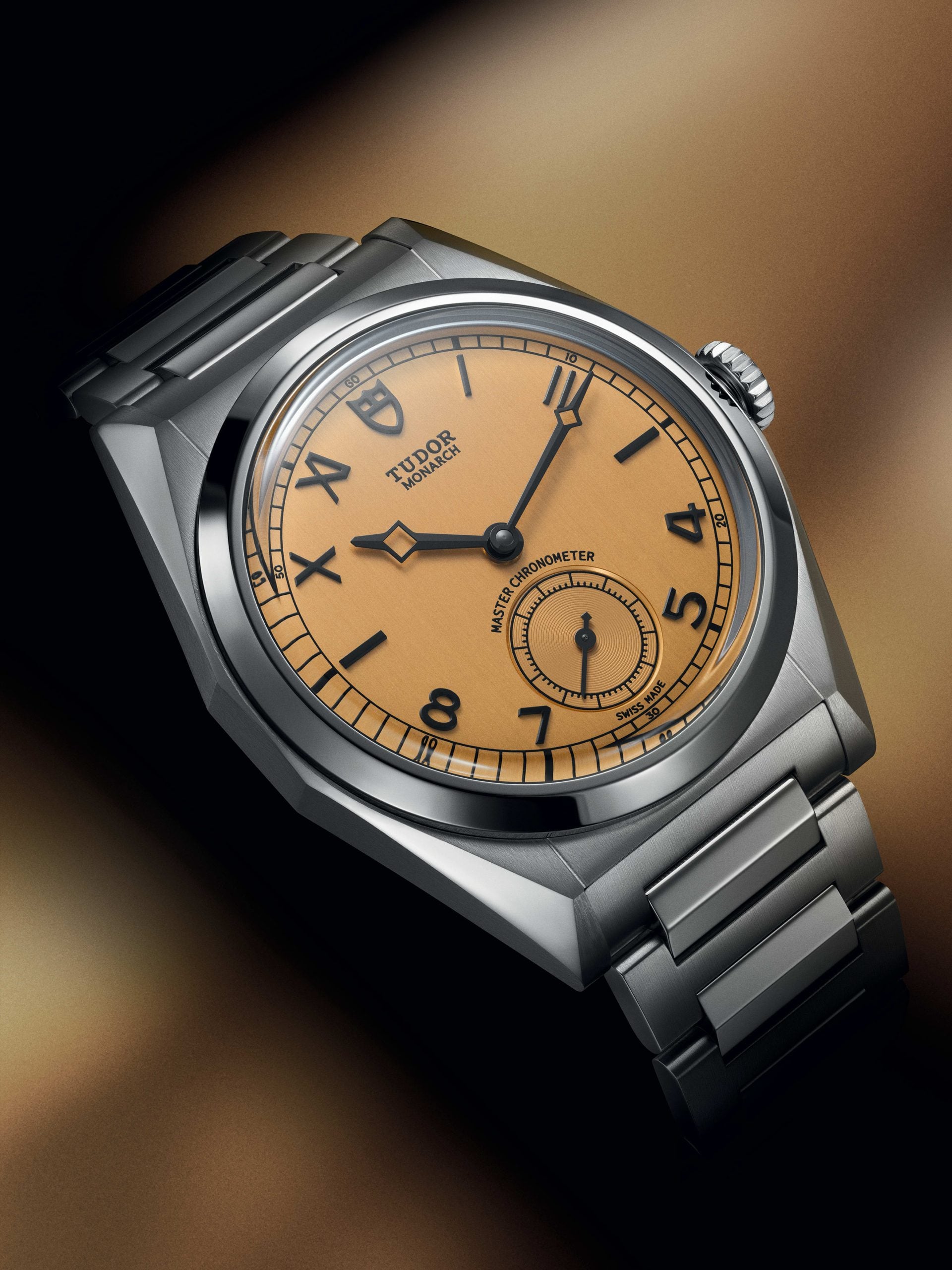 The Tudor Monarch is housed in a 39mm stainless steel case with sharply faceted lines