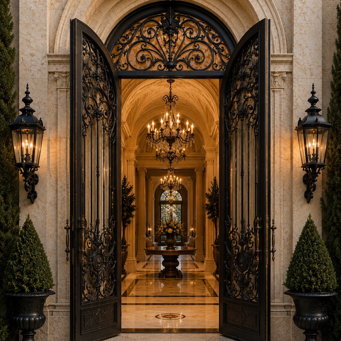 Grand entrances rely less on size than proportion. Double height porticos, oversized pivot doors, dramatic canopies and carefully positioned staircases manipulate human perception, creating moments of awe without overwhelming the architecture