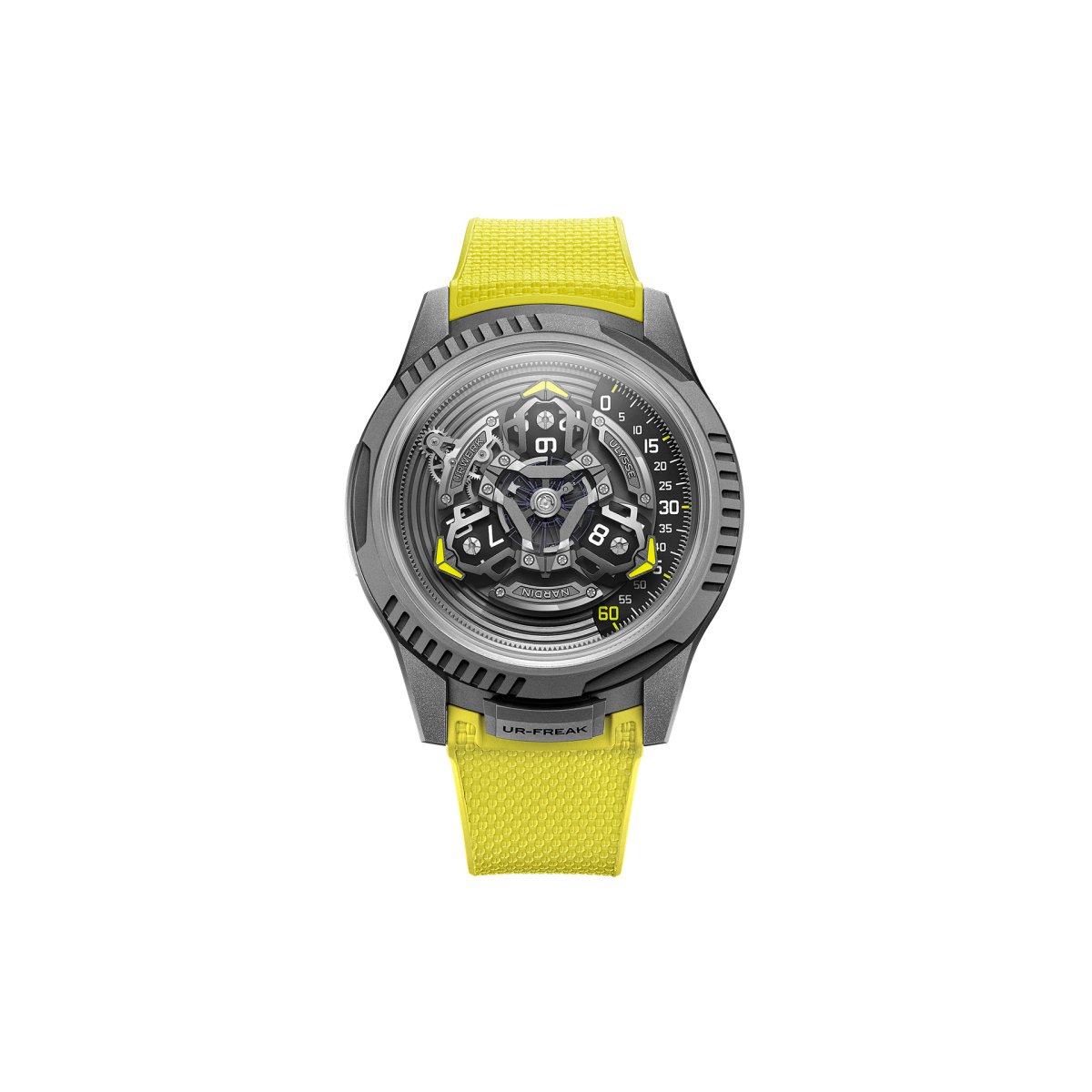 At 44mm sandblasted titanium case with an open sapphire caseback, the Ulysse Nardin × URWERK UR-FREAK