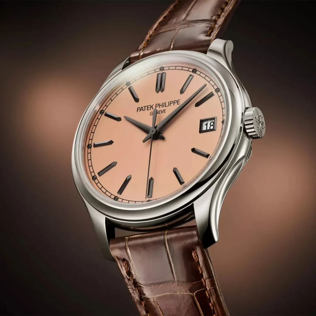 Housed in a polished 39mm white gold case, the watch features a concave bezel