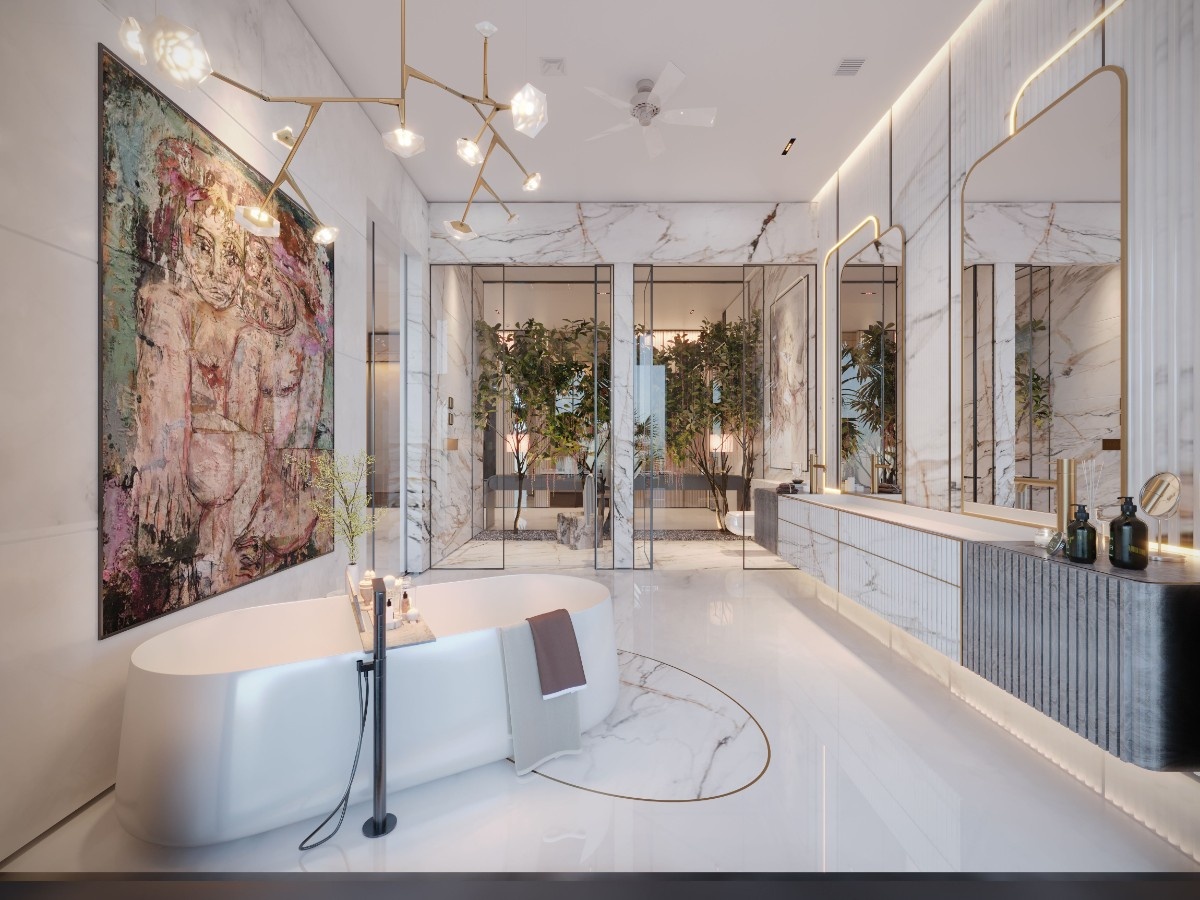 A bathroom containing a soaking tub, rainfall shower, double vanity and atmospheric lighting once felt like
